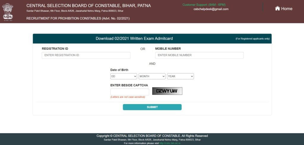 Bihar Police Prohibition Constable Exam 2022 Admit Card