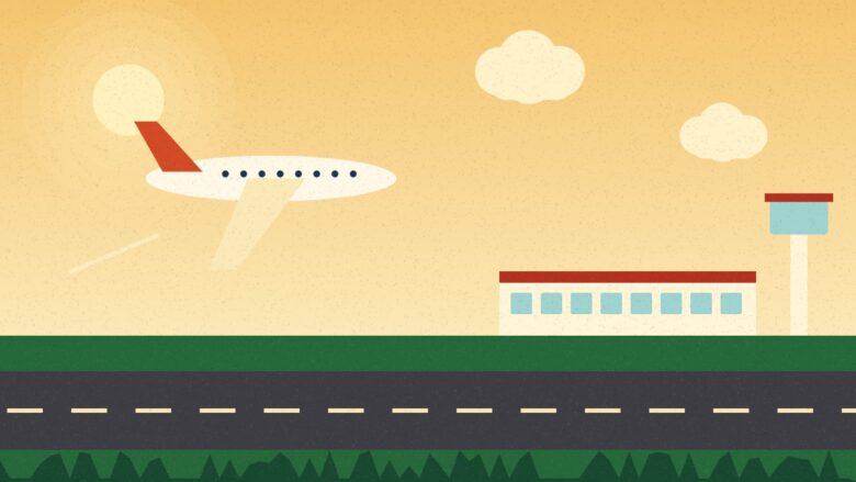 Illustration of an aircraft taking off near an airport terminal and control tower