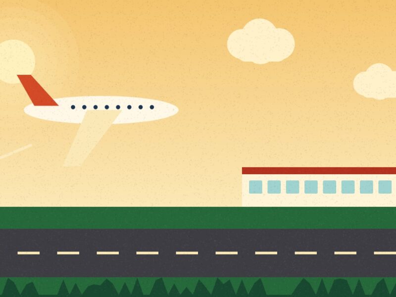 Illustration of an aircraft taking off near an airport terminal and control tower