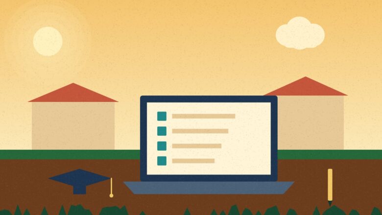Illustration of a laptop showing an online application checklist with a graduation cap