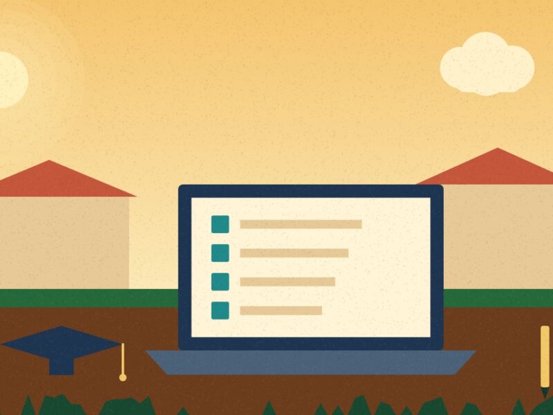 Illustration of a laptop showing an online application checklist with a graduation cap