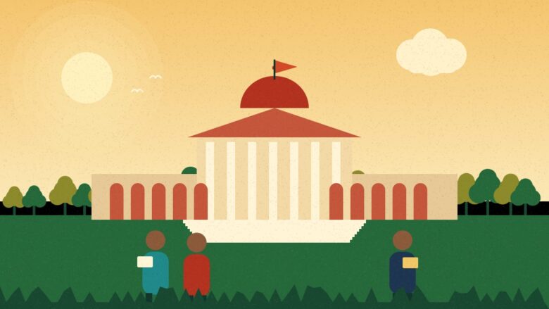 Bihar University Muzaffarpur - Illustration of a university building with a dome and students carrying books