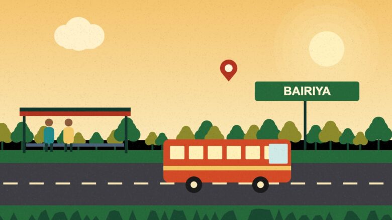 Bairiya bus stand - Illustration of a bus at a bus stand with waiting passengers and a Bairiya signboard