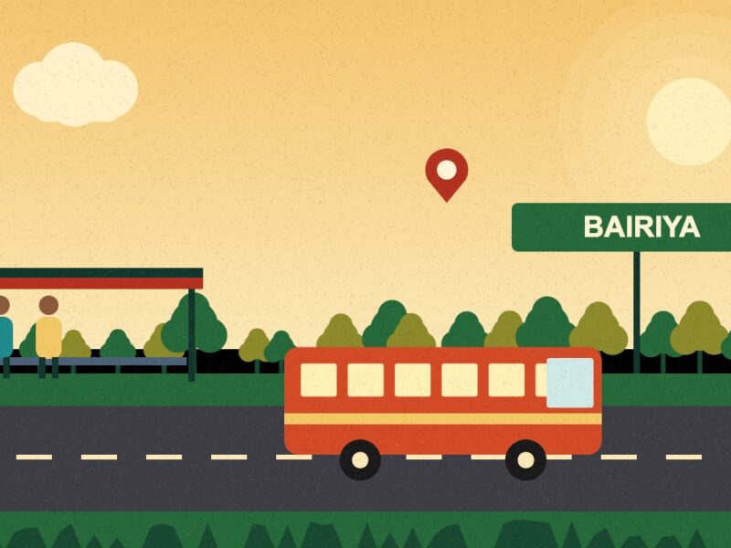 Bairiya bus stand - Illustration of a bus at a bus stand with waiting passengers and a Bairiya signboard