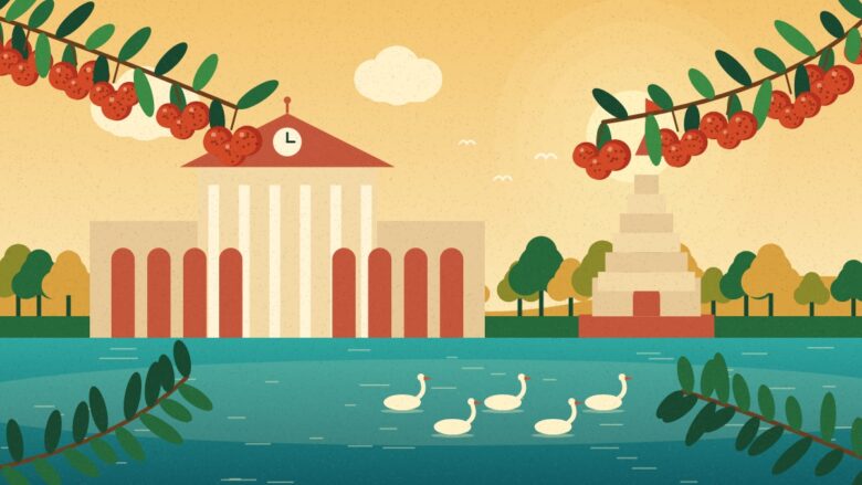 Muzaffarpur in Bihar - Illustration of Muzaffarpur with a temple, a college building, a river with swans and litchi branches