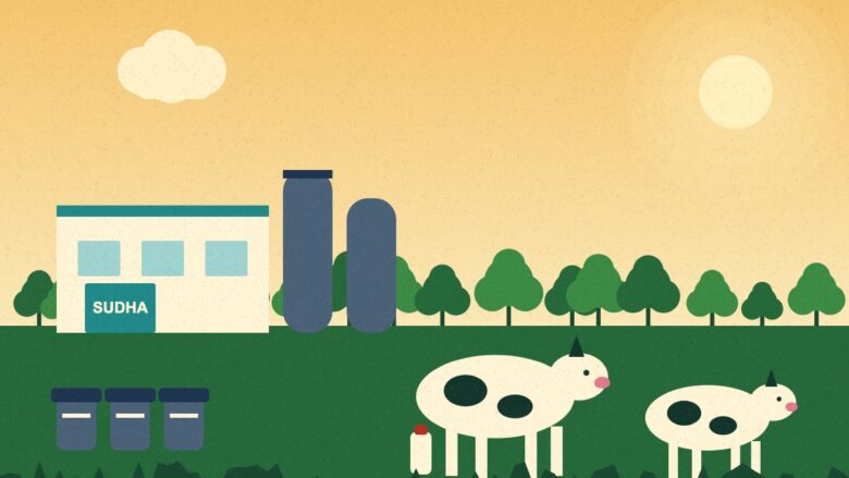 Sudha Dairy Muzaffarpur - Illustration of a dairy plant with milk cans, two cows and a Sudha sign