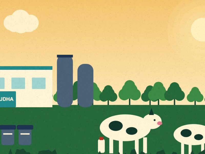 Sudha Dairy Muzaffarpur - Illustration of a dairy plant with milk cans, two cows and a Sudha sign