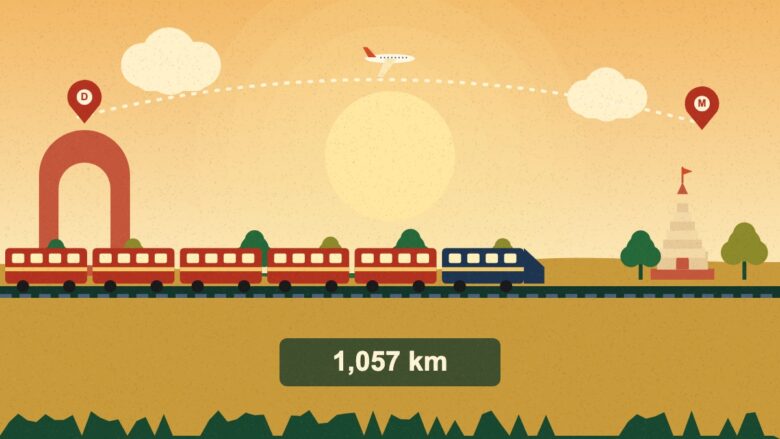 Delhi to Muzaffarpur train - Illustration of a long train running from a Delhi arch to a Muzaffarpur temple with a 1,057 km label