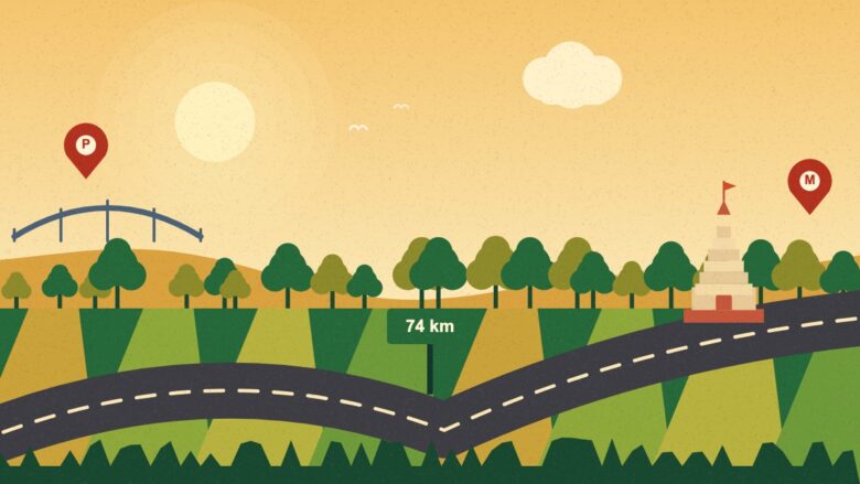 Patna to Muzaffarpur distance - Illustration of a winding road from a Ganga bridge to Muzaffarpur with a 74 km signboard