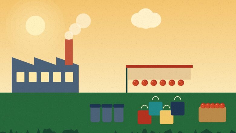 Muzaffarpur economy - Illustration of a factory, milk cans, shopping bags, a market stall and a basket of litchis