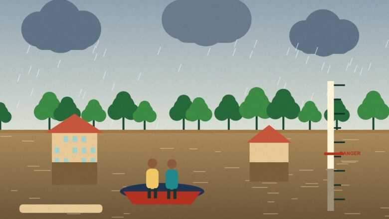 Muzaffarpur flood guide - Illustration of a flooded street with houses in water, a boat with two people and a river gauge showing the danger mark