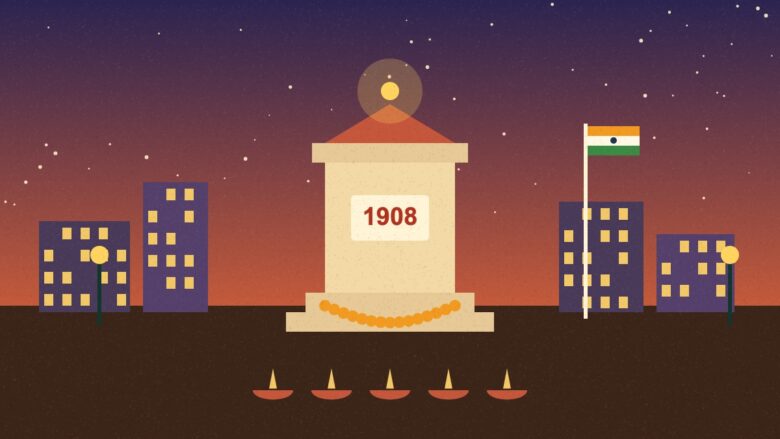 Muzaffarpur conspiracy case - Illustration of a memorial pillar marked 1908 with a flag, garlands and oil lamps at dusk