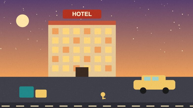 hotels in Muzaffarpur - Illustration of a hotel building at dusk with luggage, a key and a taxi
