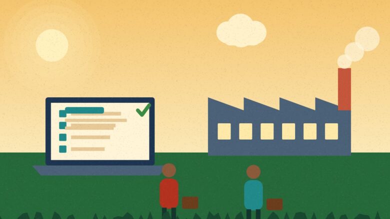 jobs in Muzaffarpur - Illustration of a laptop showing a resume checklist, a factory and job seekers with bags