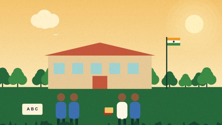 Kendriya Vidyalaya Muzaffarpur - Illustration of a school building with an Indian flag and students in uniform