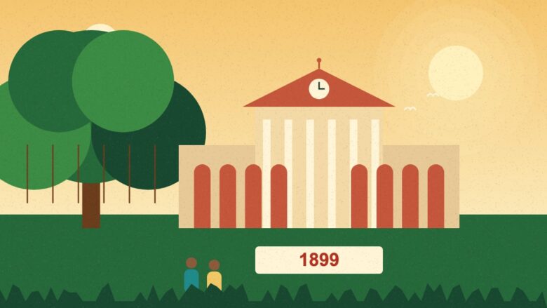 Langat Singh College - Illustration of a heritage college building with a clock, a banyan tree and the year 1899