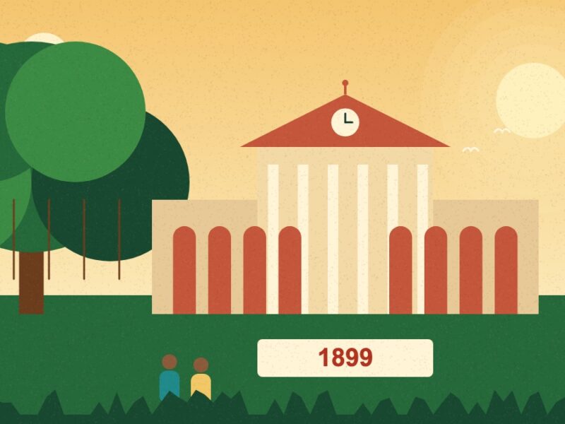 Langat Singh College - Illustration of a heritage college building with a clock, a banyan tree and the year 1899