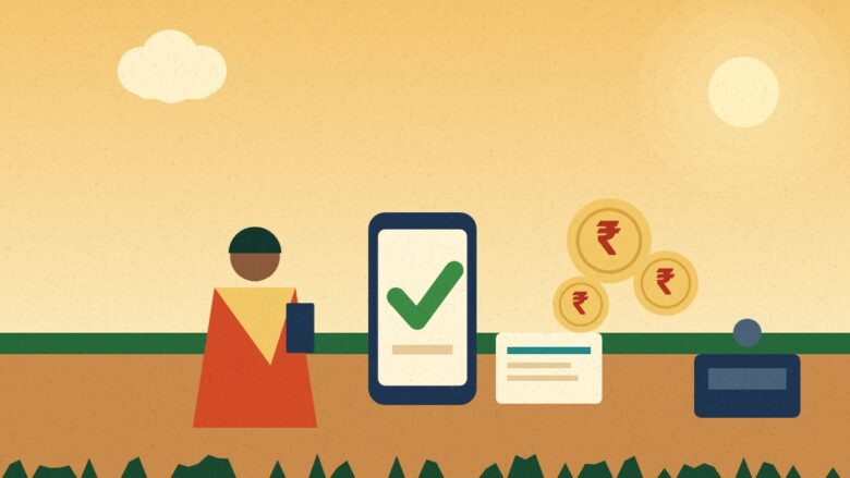 Illustration of a woman with a phone showing a tick mark, coins and a passbook