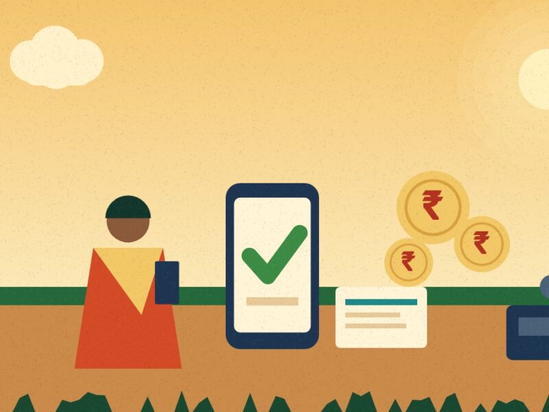 Illustration of a woman with a phone showing a tick mark, coins and a passbook