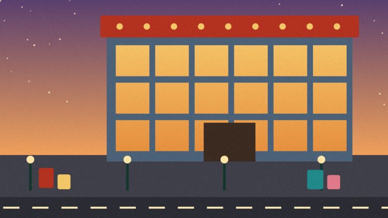 malls in Muzaffarpur - Illustration of a shopping mall lit at dusk with shopping bags