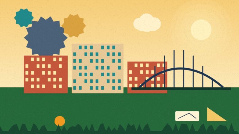 MIT Muzaffarpur - Illustration of engineering college buildings with gears, a bridge and drawing tools