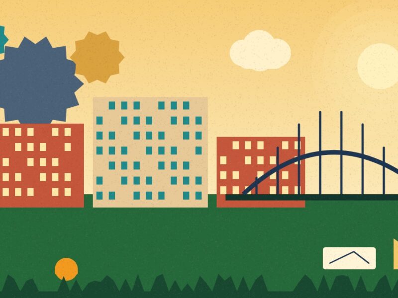 MIT Muzaffarpur - Illustration of engineering college buildings with gears, a bridge and drawing tools
