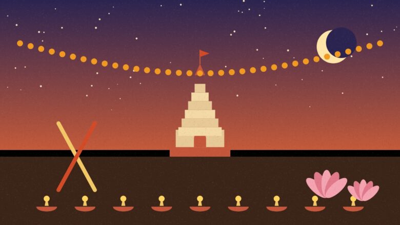 Illustration of a temple at night with diyas, dandiya sticks, lotus flowers and marigold garlands
