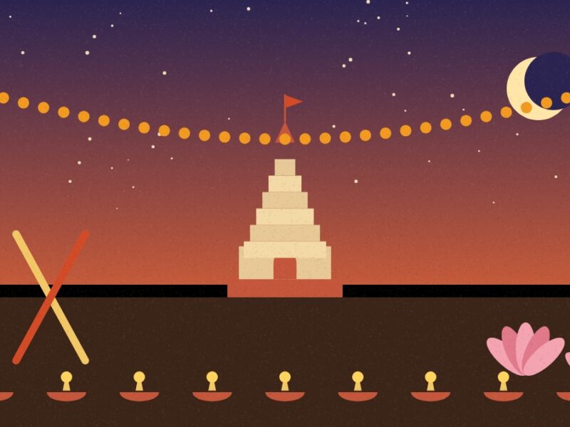 Illustration of a temple at night with diyas, dandiya sticks, lotus flowers and marigold garlands