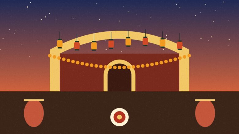 Illustration of a decorated Durga Puja pandal arch with lanterns, drums and marigold garlands