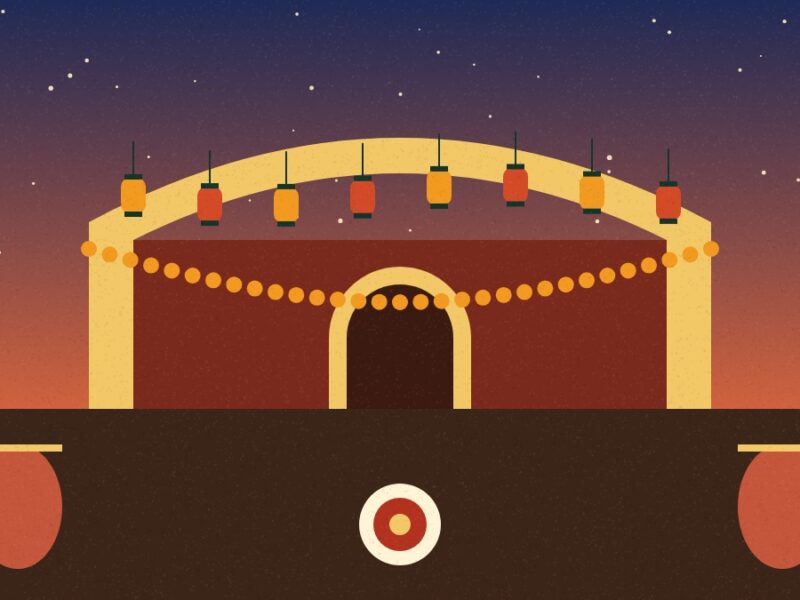 Illustration of a decorated Durga Puja pandal arch with lanterns, drums and marigold garlands