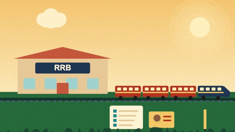 RRB Muzaffarpur - Illustration of a railway recruitment office beside a train with an exam form and an ID card