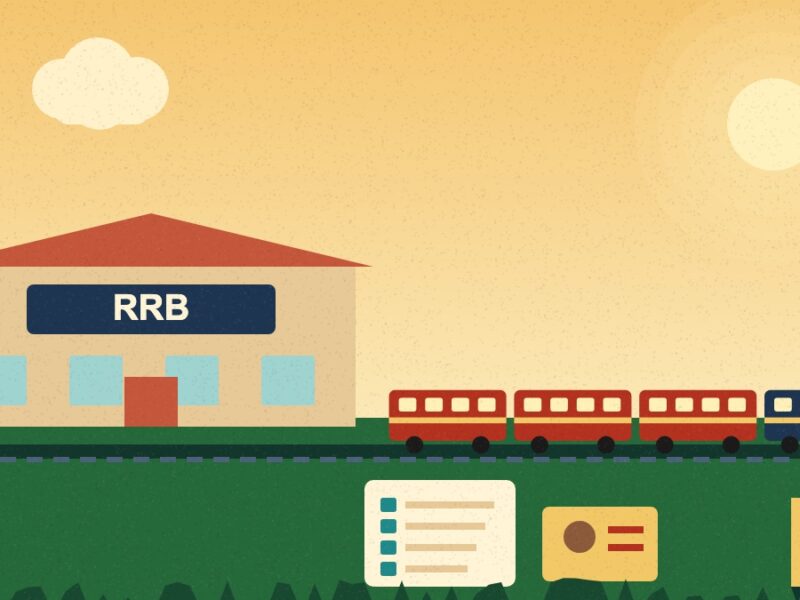 RRB Muzaffarpur - Illustration of a railway recruitment office beside a train with an exam form and an ID card