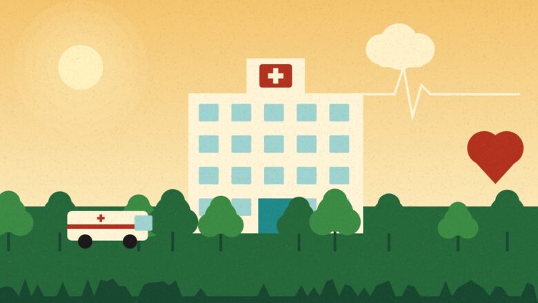 SKMCH Muzaffarpur - Illustration of a hospital with a red cross, an ambulance and a heartbeat line