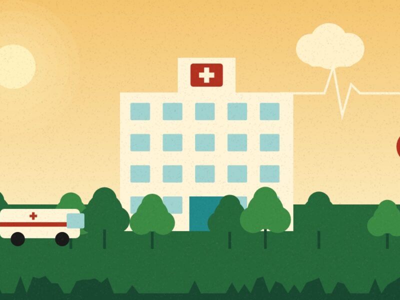 SKMCH Muzaffarpur - Illustration of a hospital with a red cross, an ambulance and a heartbeat line