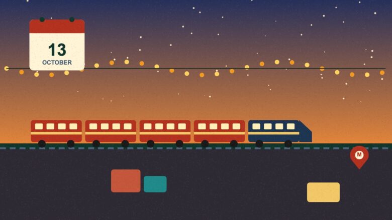 Illustration of a festive train with string lights, a calendar showing 13 October and luggage
