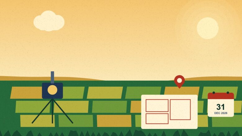 Illustration of farm plots with a survey instrument, a land map and a deadline calendar