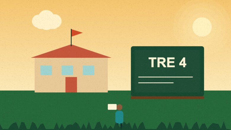 Illustration of a school with a blackboard reading TRE 4 and a teacher