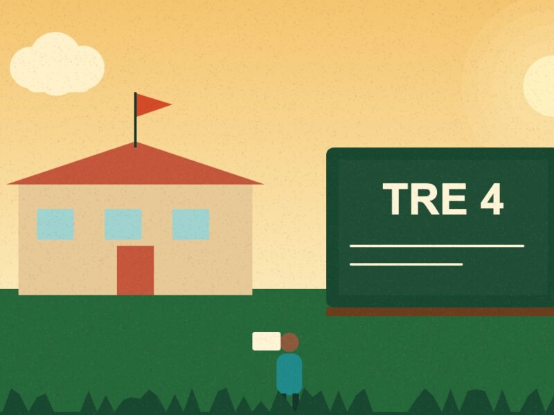 Illustration of a school with a blackboard reading TRE 4 and a teacher