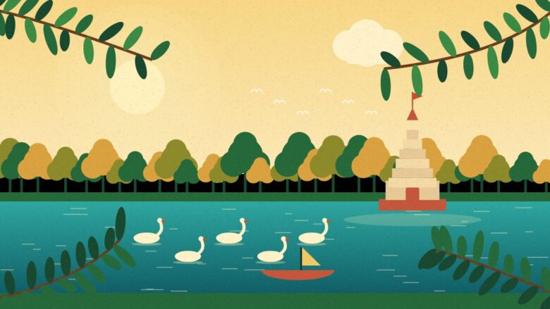 tourist places in Muzaffarpur - Illustration of a temple beside a lake with swans and a small boat