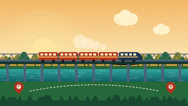 Patna to Muzaffarpur train - Illustration of a train crossing a river bridge at sunrise between Patna and Muzaffarpur