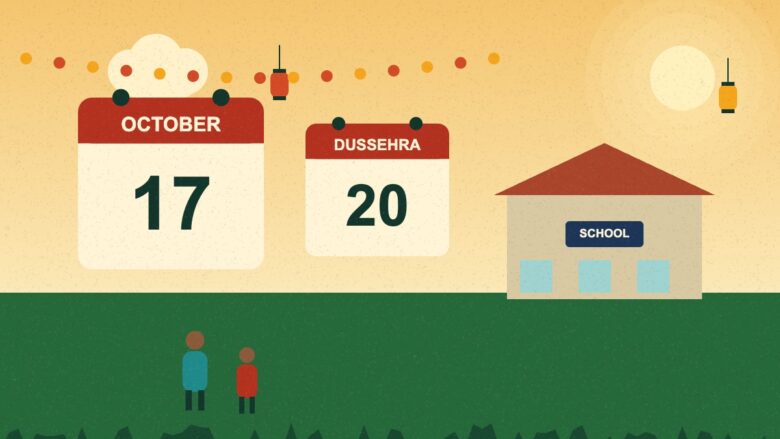 Durga Puja holiday Bihar illustration with calendar pages and a school