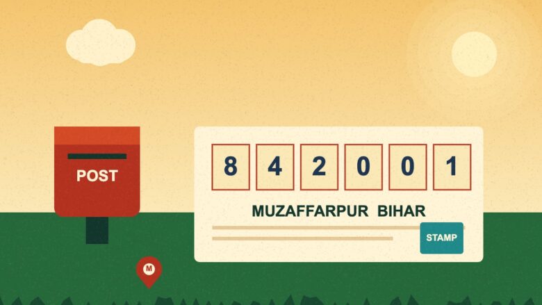 Muzaffarpur PIN code illustration with a letter showing 842001